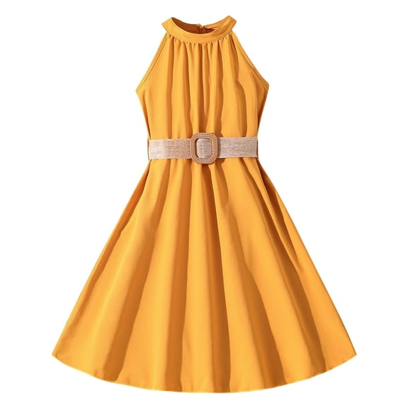 Tisuna Girls Summer Dress Teen Solid Color Sleeveless Off Shoulder Suspender Dresses Stylish Elegance Little Girls Casual Street Playwear Flow Dress Size 7-8 Years Yellow