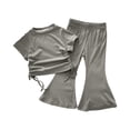 thumbnail image 1 of Tisuna Girls Summer Outfit Set Toddler Solid Color Short Sleeve Crew Neck Tops And Pants Set Breathable Lightweight Little Girls 2 Pieces Holiday Street Casual Wear Army Green Size 2-3 Years, 1 of 3