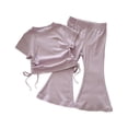 thumbnail image 1 of Tisuna Girls Summer Outfit Set Toddler Solid Color Short Sleeve Crew Neck Tops And Pants Set Breathable Lightweight Little Girls 2 Pieces Holiday Street Casual Wear Purple Size 3-4 Years, 1 of 3
