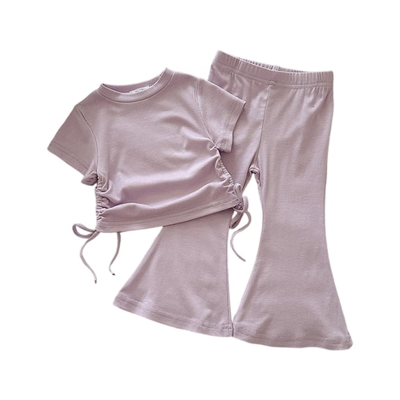 Tisuna Girls Summer Outfit Set Toddler Solid Color Short Sleeve Crew Neck Tops And Pants Set Breathable Lightweight Little Girls 2 Pieces Holiday Street Casual Wear Purple Size 3-4 Years