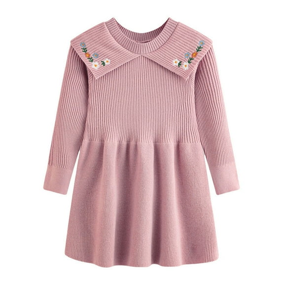 Tisuna Girls Sweater Dress Toddler Floral Print Long Sleeve Crew Neck Dresses Warm Breathable Autumn Winter Girls Daily Wear Pink Size 5-6 Years