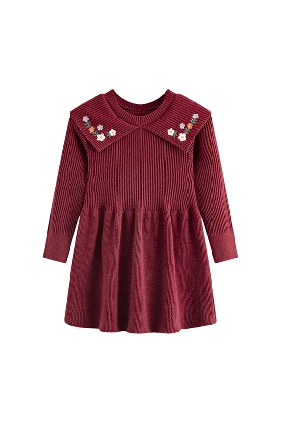 Girls Sweater Dress Toddler Floral Print Long Sleeve Crew Neck Dresses Warm Breathable Autumn Winter Girls Daily Wear Red Size 3-4 Years