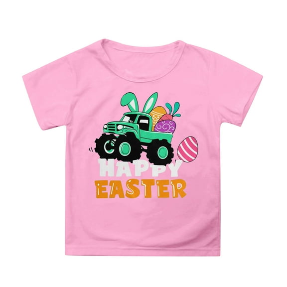 Tisuna Girls' T-Shirt For Easter Cartoon Print Short Sleeve Crew Neck Tops Fashion Loose Summer Girls Daily Wear Pink Size 6-7 Years