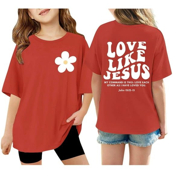 Tisuna Girls T Shirts Letter Print Short Sleeve T Shirts Kids Summer Casual Crewneck Tees Red Size 7-8 Years