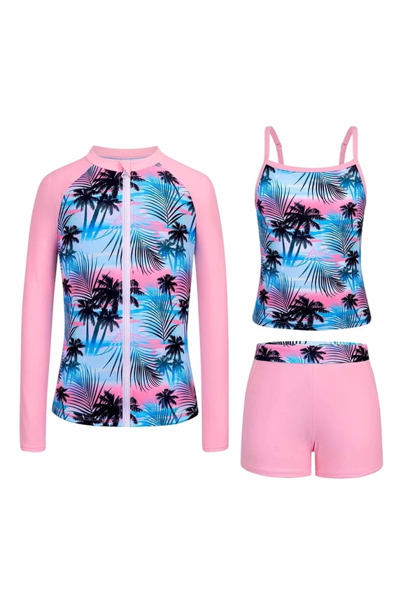 Girls' Three Piece Floral Swimwear For Kids Sleeveless Top With Beach Bottoms And Swim Coat Set Summer Girls Swimming Pool Bathing Suit Red Size 4-5 Years