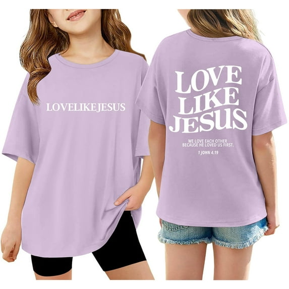 Tisuna Girls Tops Letter Print Short Sleeve T Shirts Kids Summer Soft Casual Girls Shirts Light Purple Size 7-8 Years
