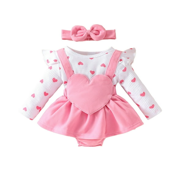 Tisuna Girls Valentine'S Day Romper Dress Infant Heart Print Long Sleeve Crew Neck Bodysuit Fashion Beauty Girls Festival Spring Summer Dresses With Headband Pink Size 12-18 Months