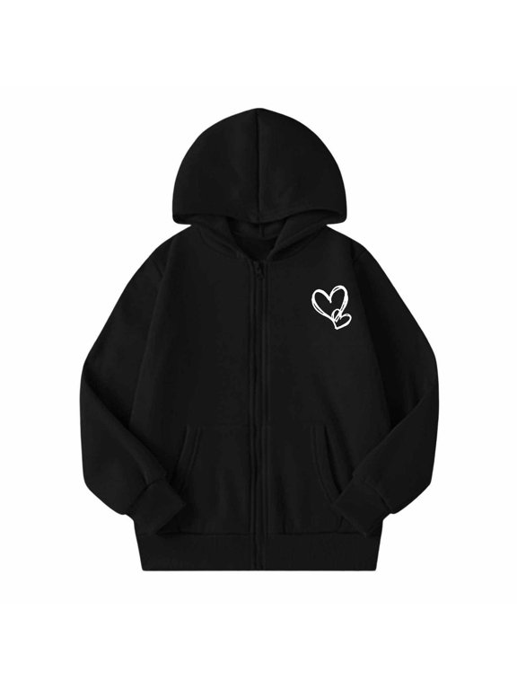 Girls Zip Up Hoodie Heart Print Tops Hooded Fall Winter Long Sleeve Jacket Fashion Outdoor Wear, Size 5-14 Years, Black