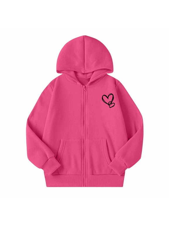 Girls Zip Up Hoodie Heart Print Tops Hooded Fall Winter Long Sleeve Jacket Fashion Outdoor Wear, Size 5-14 Years, Pink
