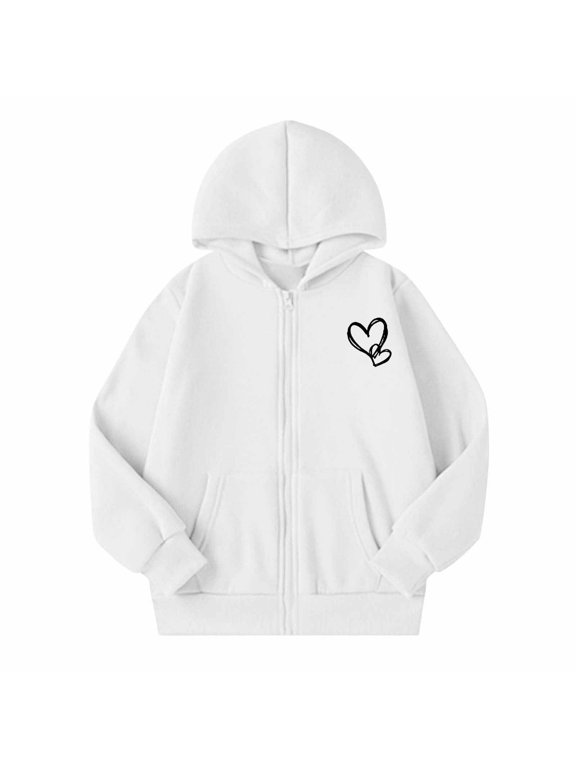 Girls Zip Up Hoodie Heart Print Tops Hooded Fall Winter Long Sleeve Jacket Fashion Outdoor Wear, Size 5-14 Years, White
