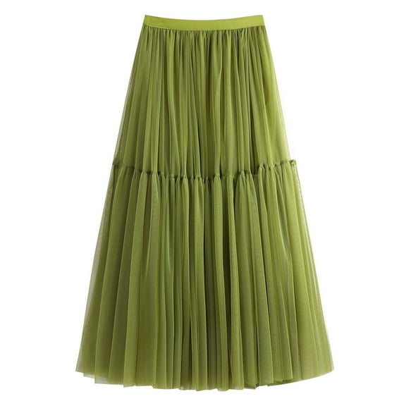 Tisuna Green Casual Long Skirt For Women Solid Color Elastic Waist Layered Skirts Stylish Breathable Ladies Festival Parties Skirt