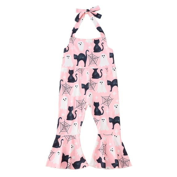 Tisuna Halloween Baby Girls Pumpkin Print Romper Stylish Fit Sleeveless Halter Neck Jumpsuit Toddler Kids Halloween Theme Party Bodysuit Size 6-12 Months Pink