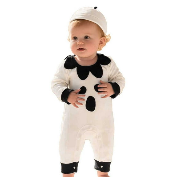 Tisuna Halloween Boys Girls Romper Ghost Print Long Sleeve Crew Neck Bodysuit Cute Comfortable Autumn Winter Kids Jumpsuit With Hat White Size 12-18 Months
