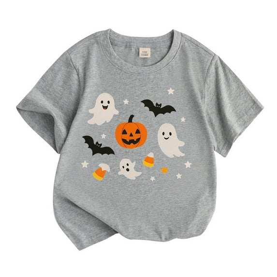 Tisuna Halloween Crewneck Tops For Girls Child Ghost Print Short Sleeve Pullover Shirts Cute Fashion Kids Clothes Grey 6-7 Years