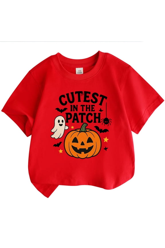 Halloween Crewneck Tops For Little Boys Pumpkin Print Short Sleeve Crew Neck Shirt Casual Loose Kids Outwear Watermelon Red Size 7-8 Years