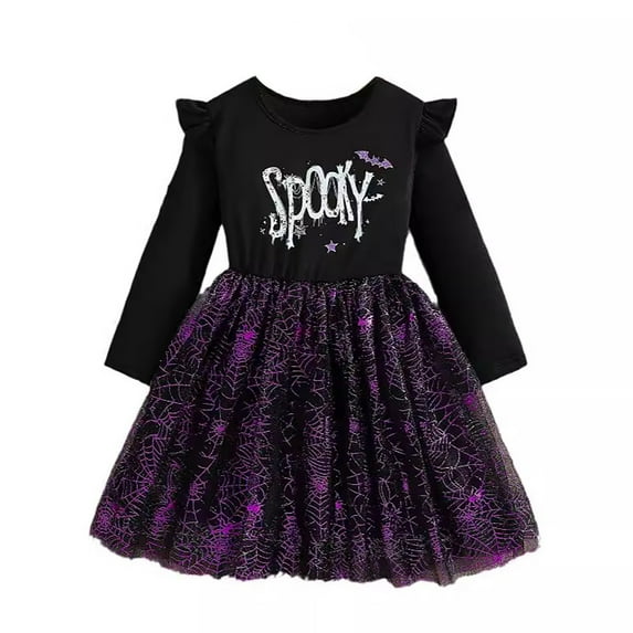 Tisuna Halloween Dress For Toddler Girls Letter Print Long Sleeve Crew Neck Dresses Soft Beauty Autumn Girls Outdoor Wear Purple Size 12-24 Months