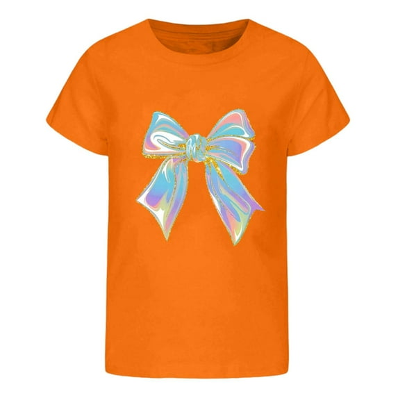 Tisuna Halloween Girls Shirts Child Bowknot Print Short Sleeve Crew Neck Tops Cute Loose Kids Pullover Clothes Orange 12-13 Years