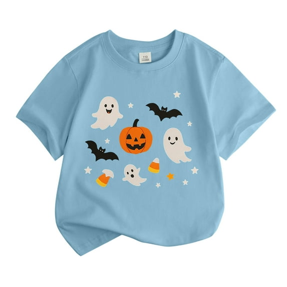Tisuna Halloween Girls Tops Child Ghost Print Short Sleeve Crew Neck Tops Casual Loose Kids Daily Wear Sky Blue 5-6 Years