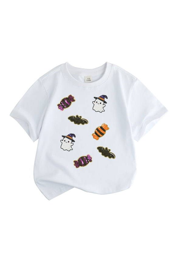 Halloween Girls Tops Child Ghost Print Short Sleeve Crew Neck Tops Comfortable Soft Kids Daily Wear White 7-8 Years
