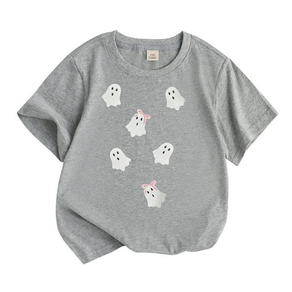 Tisuna Halloween Girls Tops Child Pumpkin Print Short Sleeve Crew Neck Shirts Casual Breathable Kids Outdoor Wear Grey 3-4 Years