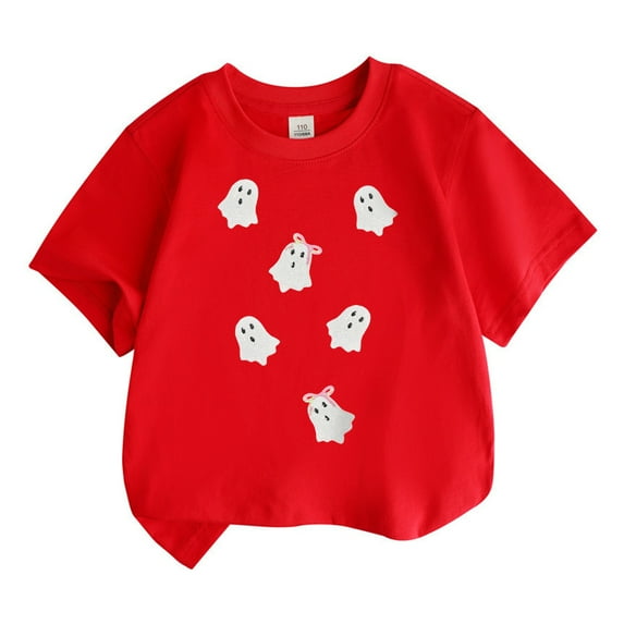 Tisuna Halloween Girls Tops Child Pumpkin Print Short Sleeve Crew Neck Shirts Casual Breathable Kids Outdoor Wear Watermelon Red 5-6 Years