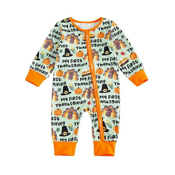 Tisuna Halloween Jumpsuit For Newborn Girls Boys Pumpkin Print Long Sleeve Crew Neck Romper Cute Comfortable Autumn Winter Kids Zipper Clothes Green Size 3-6 Months