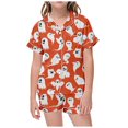 thumbnail image 1 of Tisuna Halloween Loungewear Set For Kids Girls Pumpkin Print Short Sleeve Collar Tops And Shorts Homewear Set Breathable Soft Children'S Halloween 2 Pieces Nightwear For Age 2-13 Years, 1 of 4