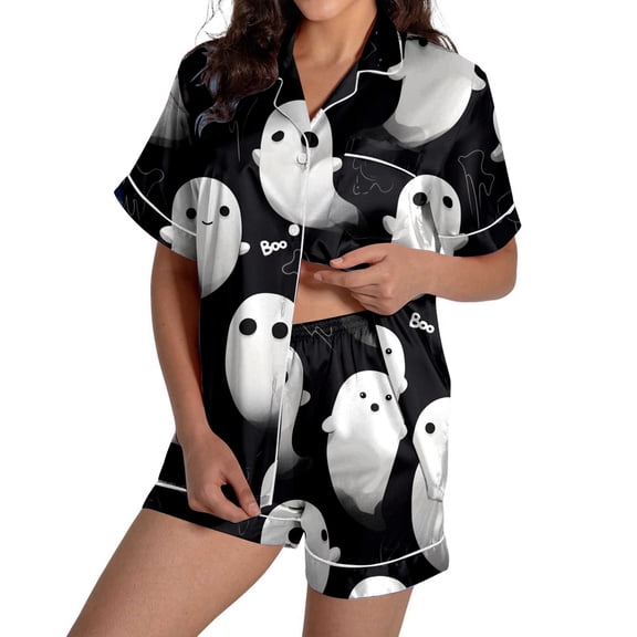 Tisuna Halloween Pajamas Set For Womens Ghost Print Short Sleeve Button Down Tops And Shorts Sleepwear Pjs Sets Cute 2 Pieces Bedtime Wear S-XXL