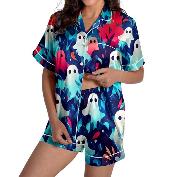 Tisuna Halloween Pajamas Set For Womens Ghost Print Short Sleeve Button Down Tops And Shorts Sleepwear Pjs Sets Trendy 2 Pieces Nightwear S-XXL