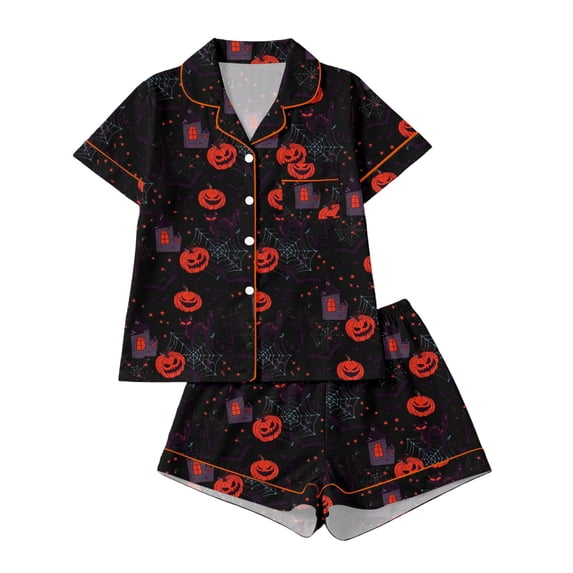 Tisuna Halloween Pajamas Set For Womens Graphic Print Short Sleeve Button Down Tops And Shorts Sleepwear Pjs Sets Trendy 2 Pieces Housewear S-XXL