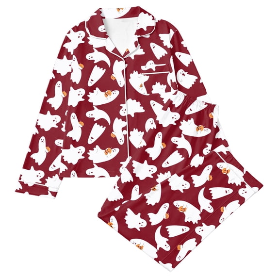 Tisuna Halloween Pajamas Set For Womens Pumpkin Ghost Print Long Sleeve Button Down Tops And Pants Sleepwear Pjs Sets Trendy 2 Pieces Homewear S-XXL