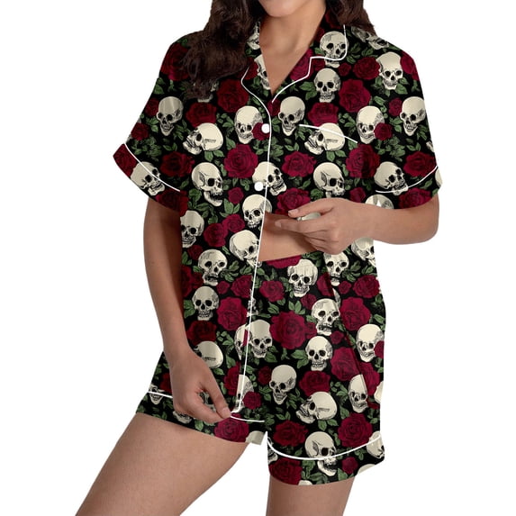 Tisuna Halloween Pajamas Set For Womens Skull Print Short Sleeve Button Down Tops And Shorts Sleepwear Pjs Sets Cute 2 Pieces Homewear S-XXL