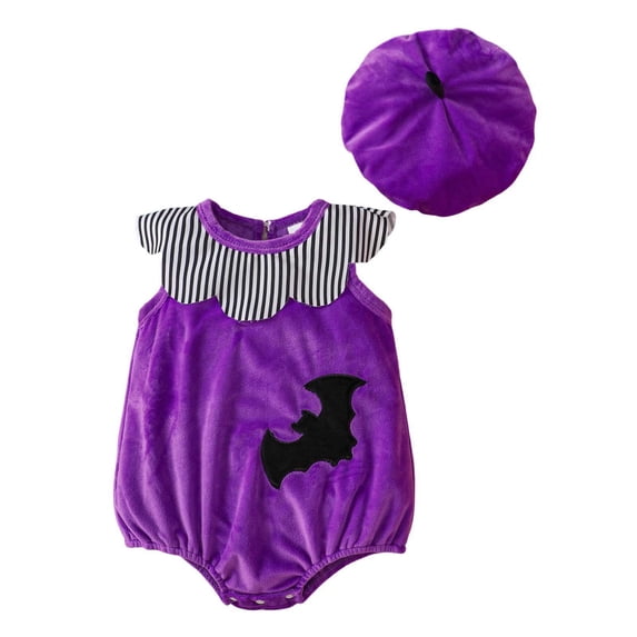 Tisuna Halloween Pumpkin Bat Romper For Baby Girls Adorable Sleeveless Crew Neck Jumpsuit With Matching Hat Kids Halloween Theme Party Bodysuit Size 3-6 Months Purple