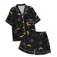 thumbnail image 1 of Tisuna Halloween Short Sleeve Pajamas Set For Kids Girls Bat Print Collared Tops And Shorts Pjs Set Loose Fit Casual Kids Halloween 2 Pieces Loungewear For Age 2-13 Years, 1 of 5