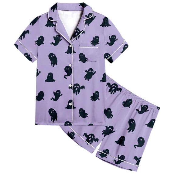Tisuna Halloween Short Sleeve Pajamas Set For Kids Girls Ghost Print Collared Tops And Shorts Pjs Set Lightweight Casual Kids Halloween 2 Pieces Sleepwear For Age 2-13 Years