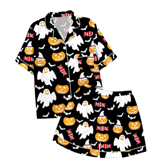 Tisuna Halloween Short Sleeve Pajamas Set For Kids Girls Pumpkin Ghost Print Collared Tops And Shorts Pjs Set Breathable Relax Fit Kids Halloween 2 Pieces Nightwear For Age 2-13 Years
