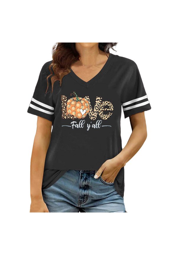 Halloween Short Sleeve T Shirts For Womens Pumpkin Print V Neck Graphic Tops Trendy Ladies Halloween Theme Party Clothes Dark Gray Size S