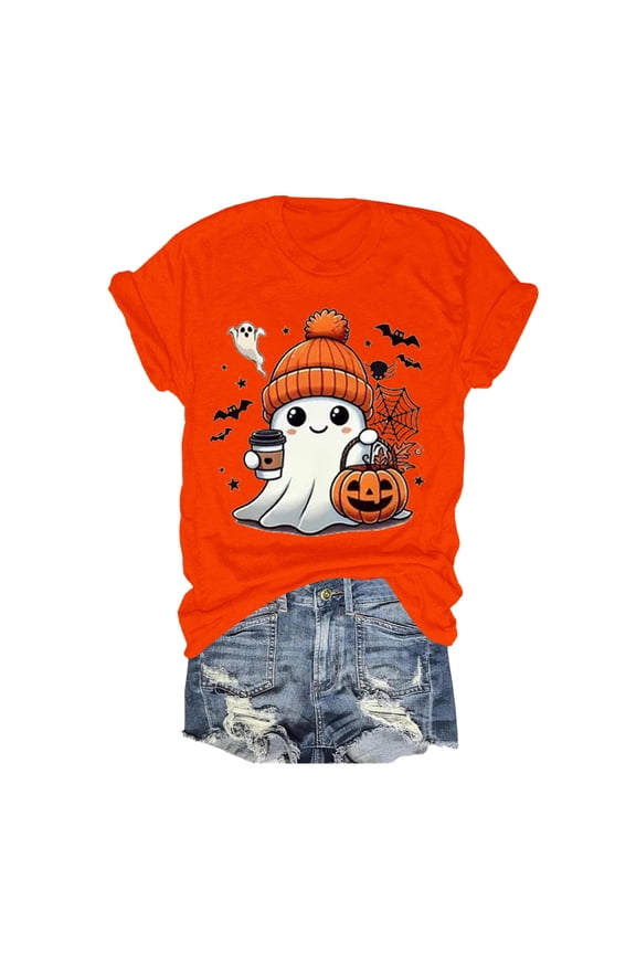 Halloween Short Sleeve T Shirts For Womens Pumpkin Ghost Print Crewneck Graphic Tops Stylish Fit Ladies Halloween Theme Party Tees Shirts Orange Size Xl