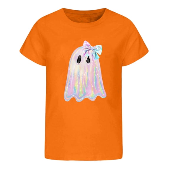 Tisuna Halloween T Shirts For Girls Kids Ghost Print Short Sleeve Crewneck Tops Teen Girls Halloween Cozy T-Shirts Size 10-11 Years Orange