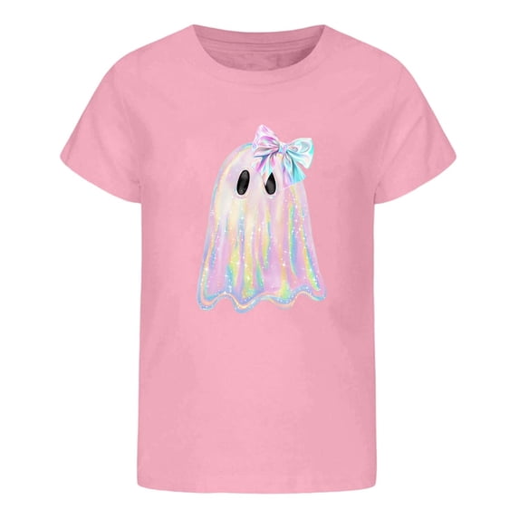 Tisuna Halloween T Shirts For Girls Kids Ghost Print Short Sleeve Crewneck Tops Teen Girls Halloween Cozy T-Shirts Size 3-4 Years Pink