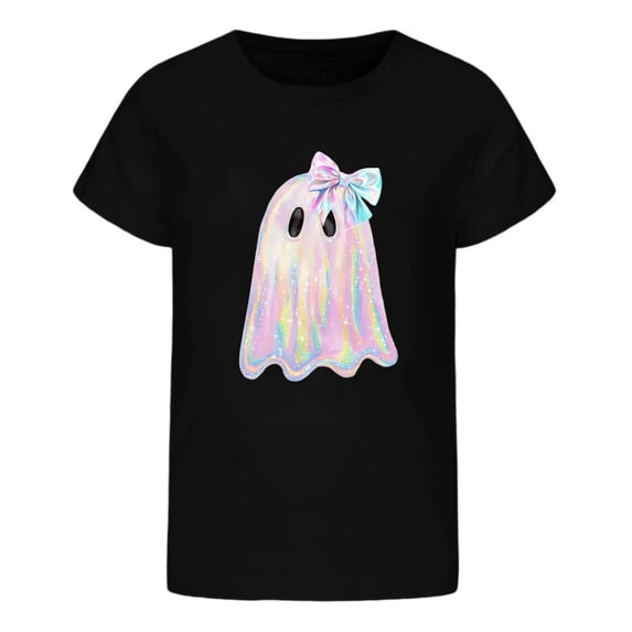 Tisuna Halloween T Shirts For Girls Kids Ghost Print Short Sleeve Crewneck Tops Teen Girls Halloween Cozy T-Shirts Size 4-5 Years Black