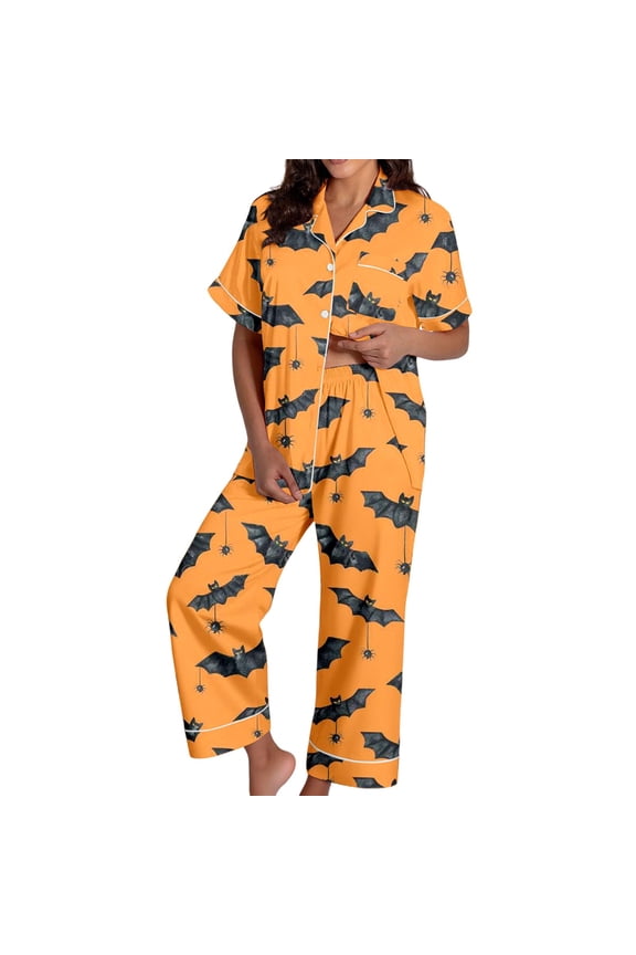 Halloween Womens Pajamas Set Bat Print Short Sleeve Button Down Tops And Pants Sleepwear Pjs Sets Relax Fit 2 Pieces Indoor Wear S-XXL