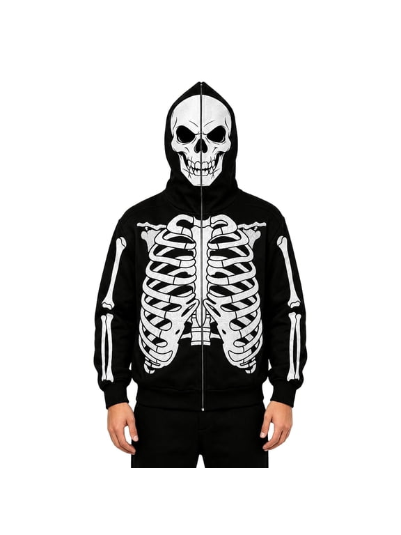 Halloween Zip Up Hoodie Men Long Sleeve Skeleton Print Zipper Jacket Funny Spooky Season Hoody Tops, Size S-XXXXL, Black
