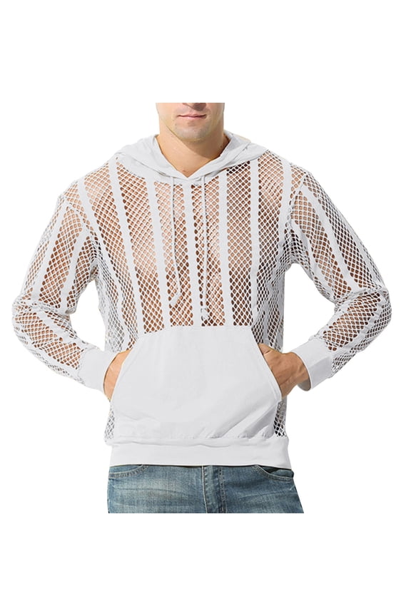 Hollow Mesh Drawstring Hoodies For Mens Casual Long Sleeve Pullover Tops With Pockets Fashion Hooded Sweatshirts For Party Wear
