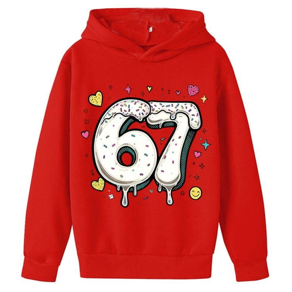 Tisuna Hoodie For Child Girls 67 Print Long Sleeve Hooded Tops Lightweight Soft Kids Spring Autumn Pullover Outfits Size 9-10 Years Watermelon Red