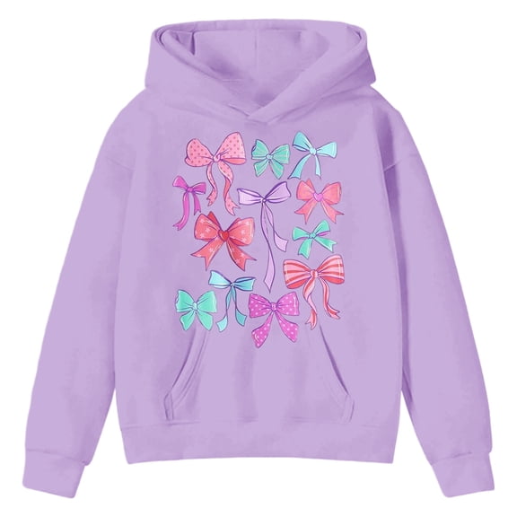 Tisuna Hoodie For Girls Child Bowknot Print Long Sleeve Hooded Tops Fashion Loose Child Fall Winter Pullover Clothes Purple Size 3-4 Years
