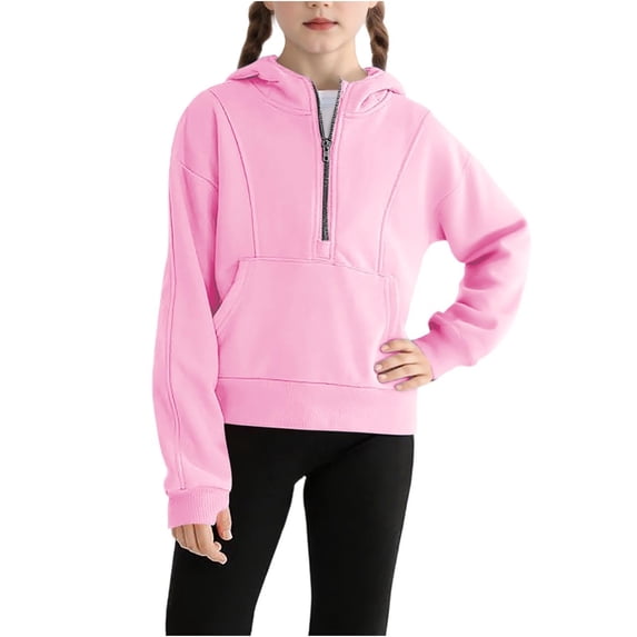 Tisuna Hoodies For Girls Child Trendy Solid Color Half Zip Hoodie Teen And Youth Daily Party Long Sleeve Tops Clothes Size 9-10 Years