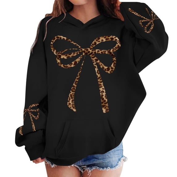 Tisuna Hoodies For Girls Cute Bowknot Print Hoodie With Kangaroo Pocket Teen And Youth Activewear Long Sleeve Tshirts Size 2-3 Years