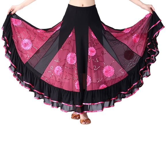 Tisuna Hot Pink Carnival'S Long Skirt For Women Color Block Floral Print Mid Waist Skirts Breathable Loose Fit Ladies Festival Performance Wear