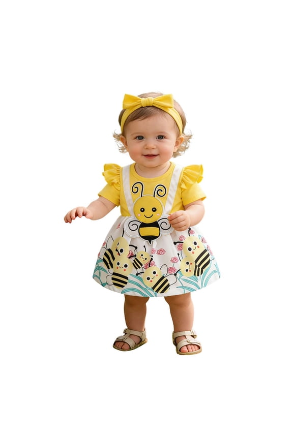 Infant Baby Girls Dress Cartoon Bee Print Short Sleeve Crew Neck Dresses Stylish Comfortable Toddler Kids Dance Party Dress With Headband Yellow Size 12-18 Months